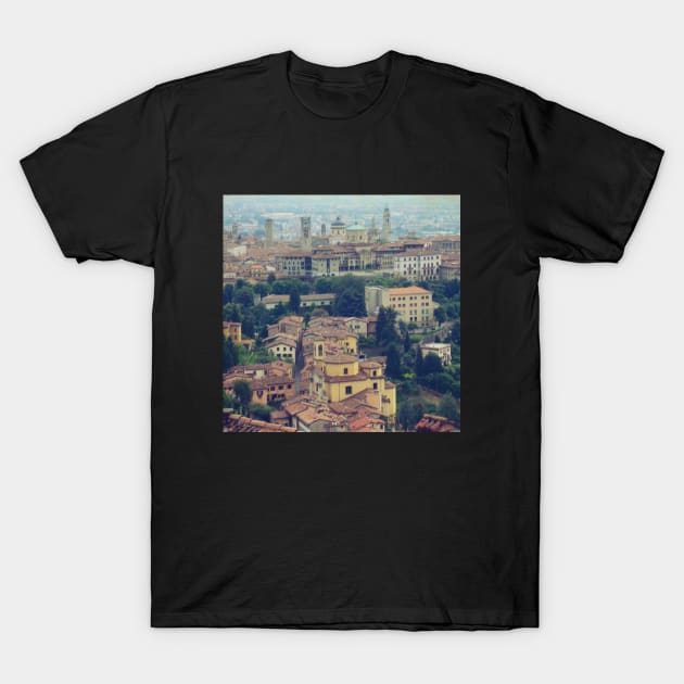 View from the top of the mountain Italy sightseeing trip photography from city scape Milano Bergamo Lecco T-Shirt by BoogieCreates